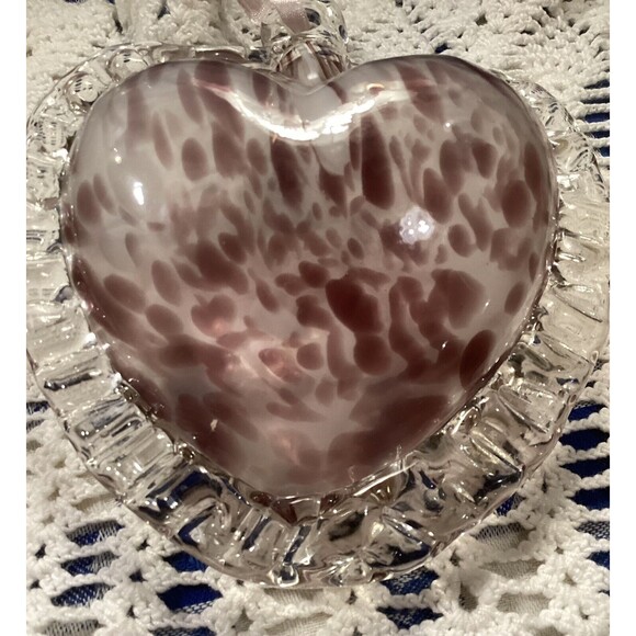 Blown Clear Glass With Purple/ White Accent Heart Pendant Ornament 5” x 5” Inch - Picture 3 of 5